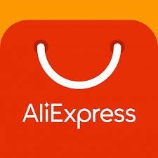 AliExpress logo with white text on a red shopping bag icon with an orange background.